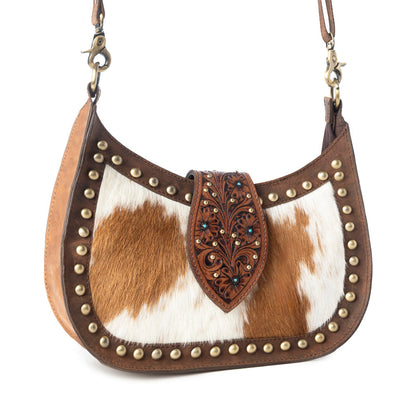 Myra Santa Fe Handtooled Bag for Women in Brown with hairon and studded detail
