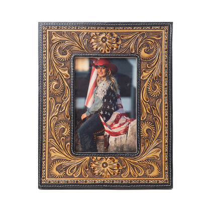 Myra Bordertown Handtooled Leather Photo Frame in brown, premium western home décor
