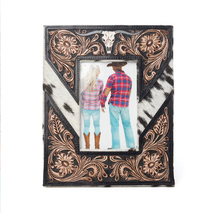 Myra Saddlewood Handtooled Leather Photo Frame in brown with hairon detail, western home décor