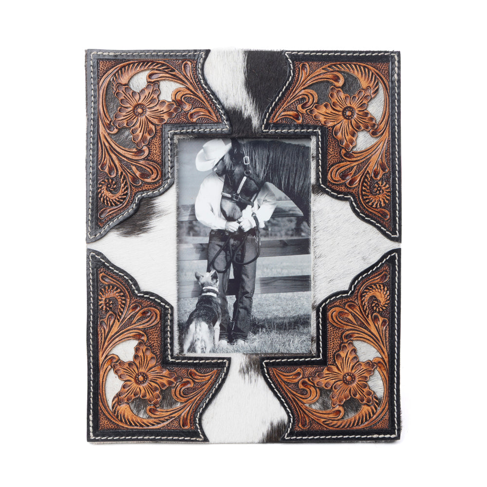 Myra Cornerstone Handtooled Leather Photo Frame in brown with hairon detail, western home décor