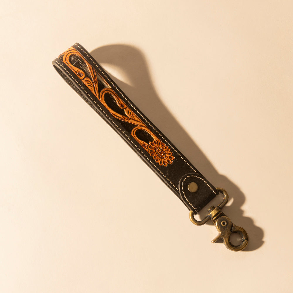 Myra Wildvine Pony Western Handtooled Key Fob in black with hairon detail