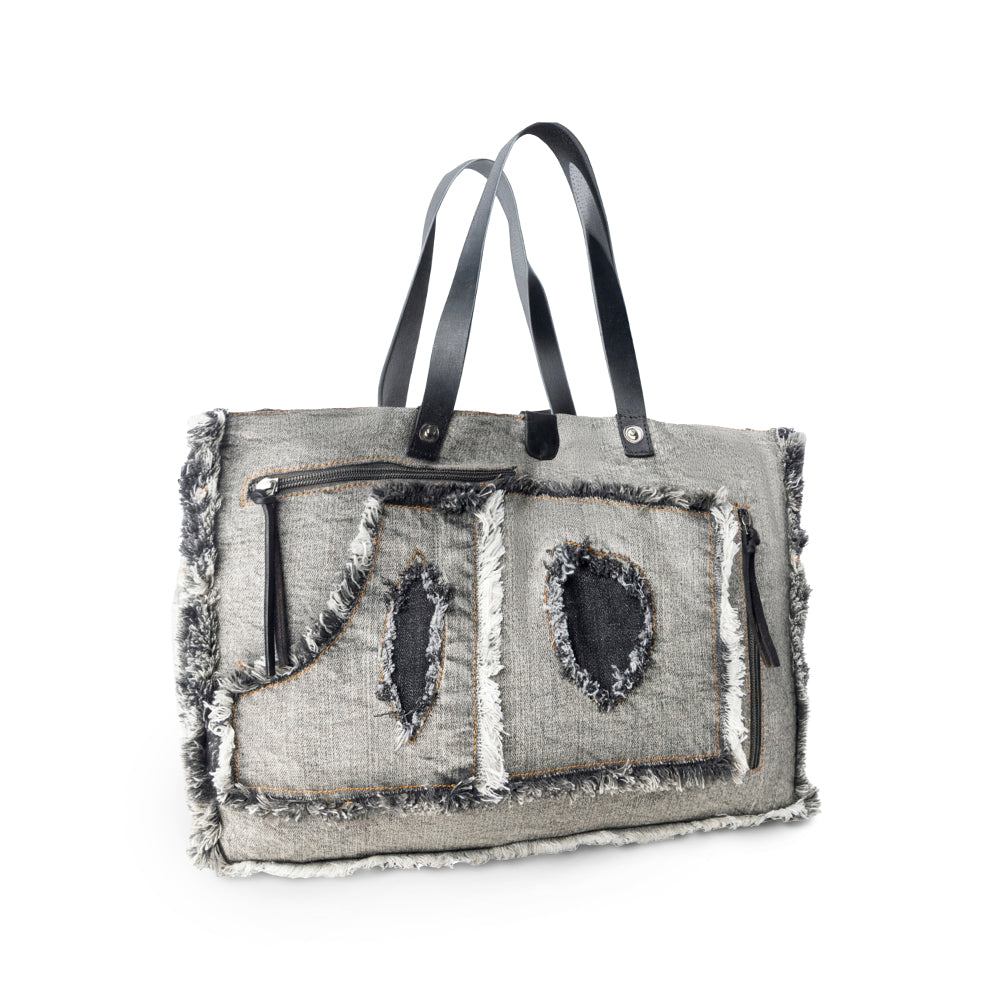 Myra Frayed Frontier Western denim Tote Bag for Women in denim black with fringe detail