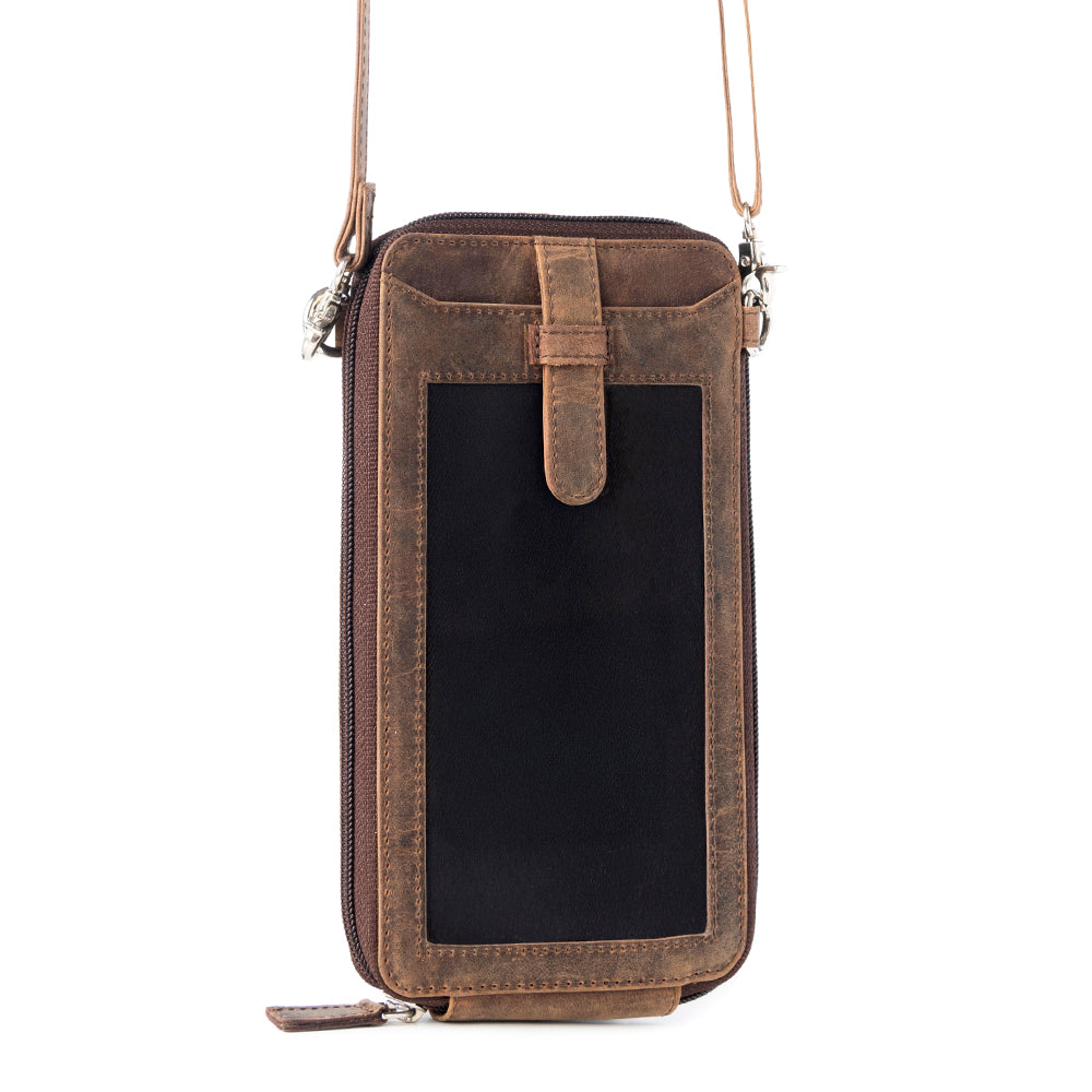 Myra Wildtouch Western Phone Crossbody in dark brown with leather detail