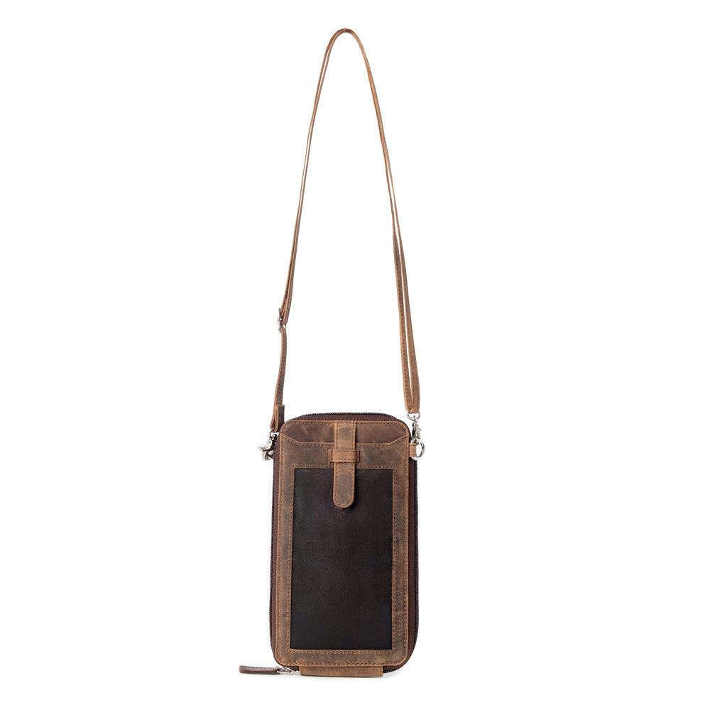 Myra Wildtouch Western Phone Crossbody in dark brown with leather detail