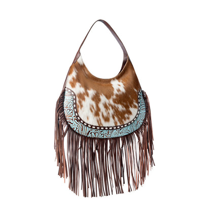 Myra Lasso Lane Hairon Leather Bag for Women in tan with fringe and embossed detail