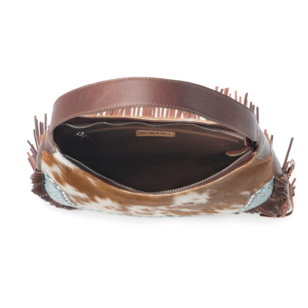 Myra Lasso Lane Hairon Leather Bag for Women in tan with fringe and embossed detail