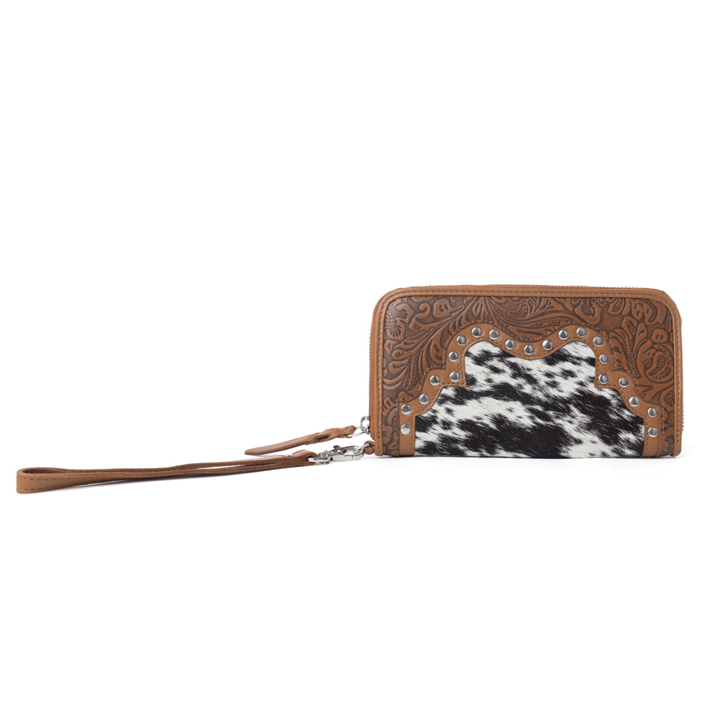 Myra Sunset Ridge Handtooled Hairon Leather Wallet in Honey Snow