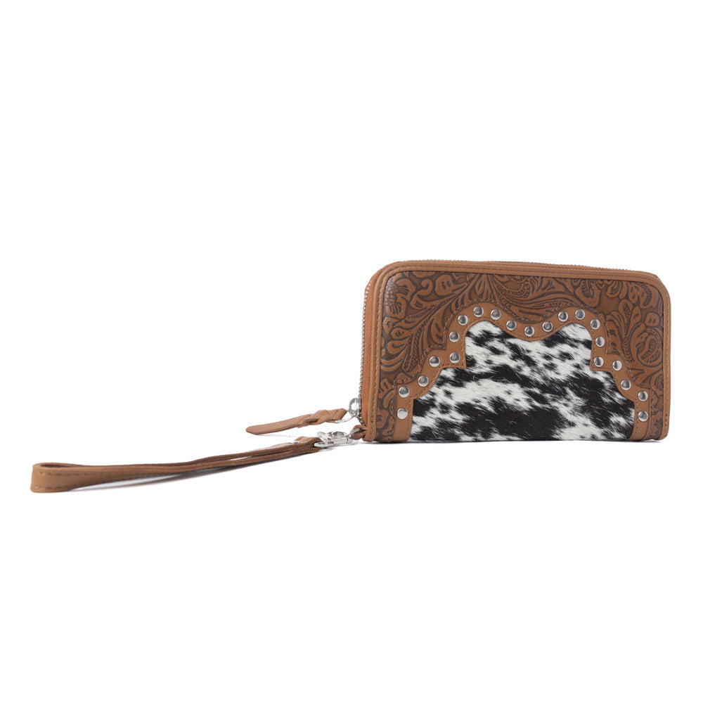 Myra Sunset Ridge Handtooled Hairon Leather Wallet in Honey Snow