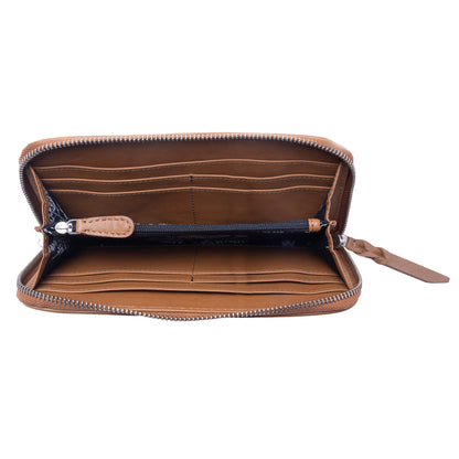 Myra Sunset Ridge Handtooled Hairon Leather Wallet in Honey Snow