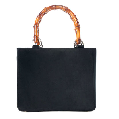 Myra Eight Seconds Western hand beaded bag in black with bamboo handle and horse embroidery
