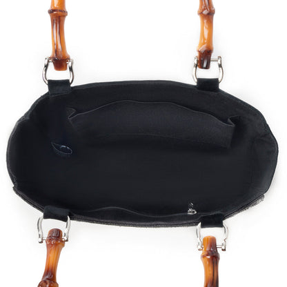 Myra Eight Seconds Western hand beaded bag in black with bamboo handle and horse embroidery