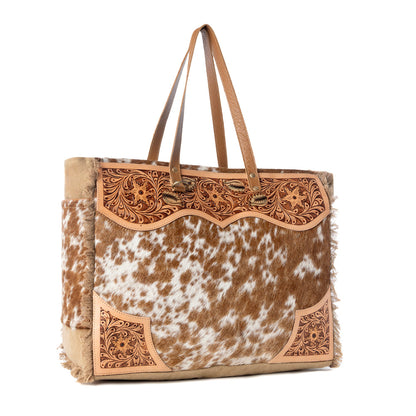 Myra Cartwright Hand-Tooled Bag in Tan & White
