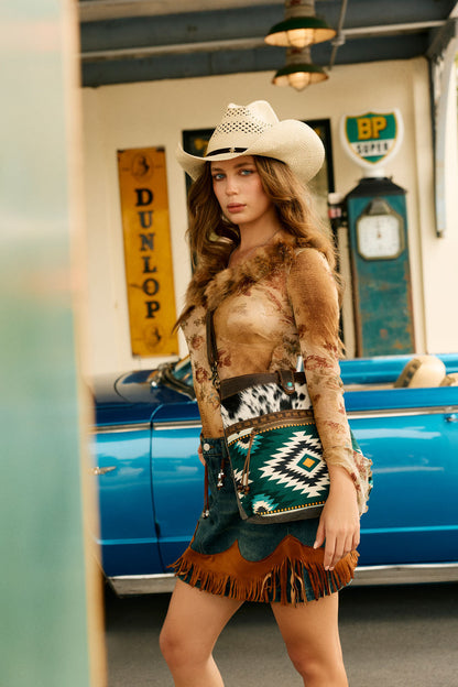 Myra Wovenstone Western shoulder Bag for Women in green with Aztec detail