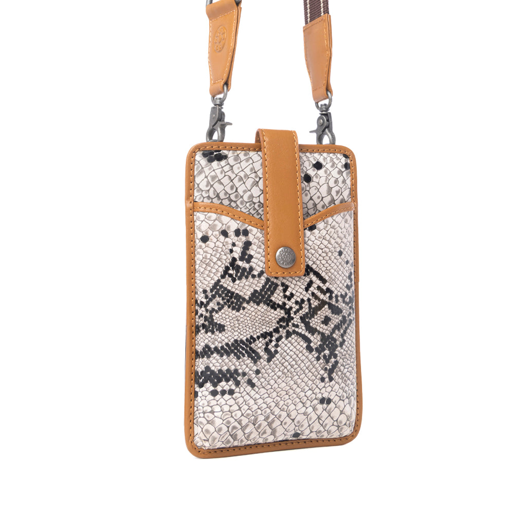 Myra Cedar Snake Print Leather Cell Phone Holder in Ebony Cream
