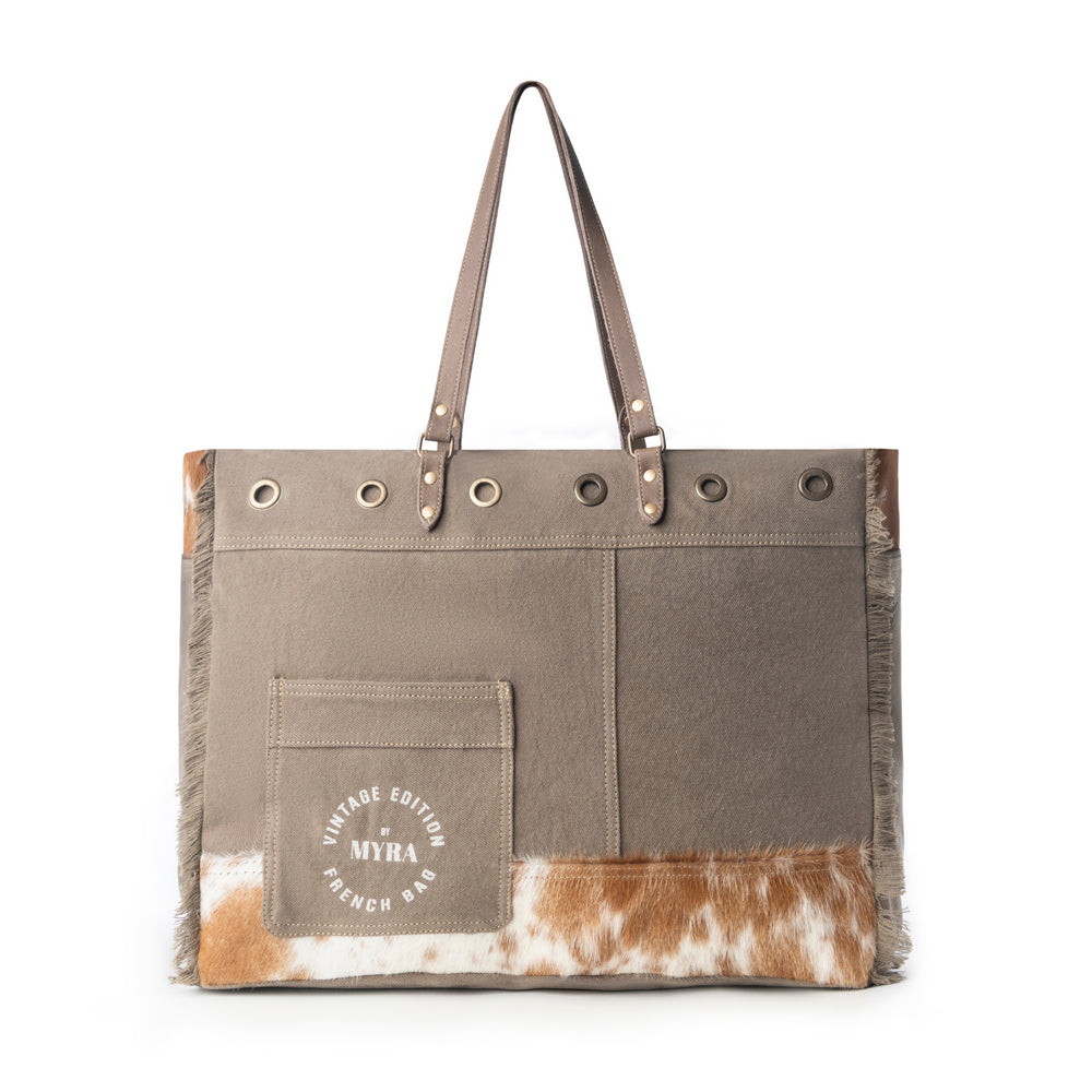 Myra Ranger Hide Western Weekender Bag for Women in olive with hairon detail
