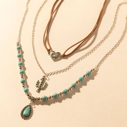 Myra Boho Mesa Layered Necklace for Women with turquoise bead and cactus pendant detail for western wear
