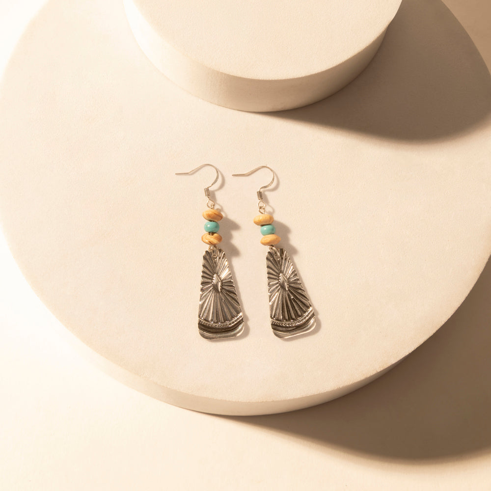 Myra Sedona Sun Dangle Earrings for Women with turquoise tooled detail for everyday western wear