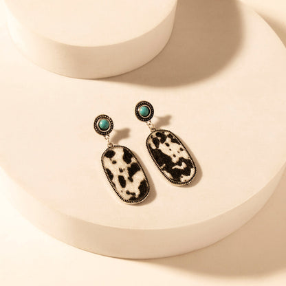 Myra Wild Hide Dangle Earrings for Women with turquoise and cowhide print detail for premium western wear