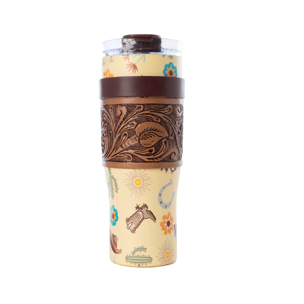 Myra Trailkissed Western Tumbler in Yellow Stainless Steel with Leather Wrap and Handle for Everyday Use