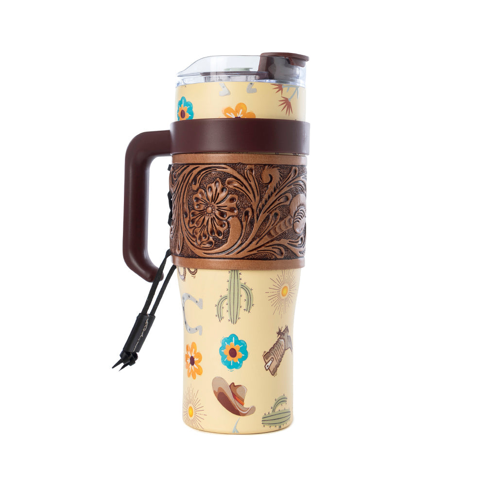 Myra Trailkissed Western Tumbler in Yellow Stainless Steel with Leather Wrap and Handle for Everyday Use