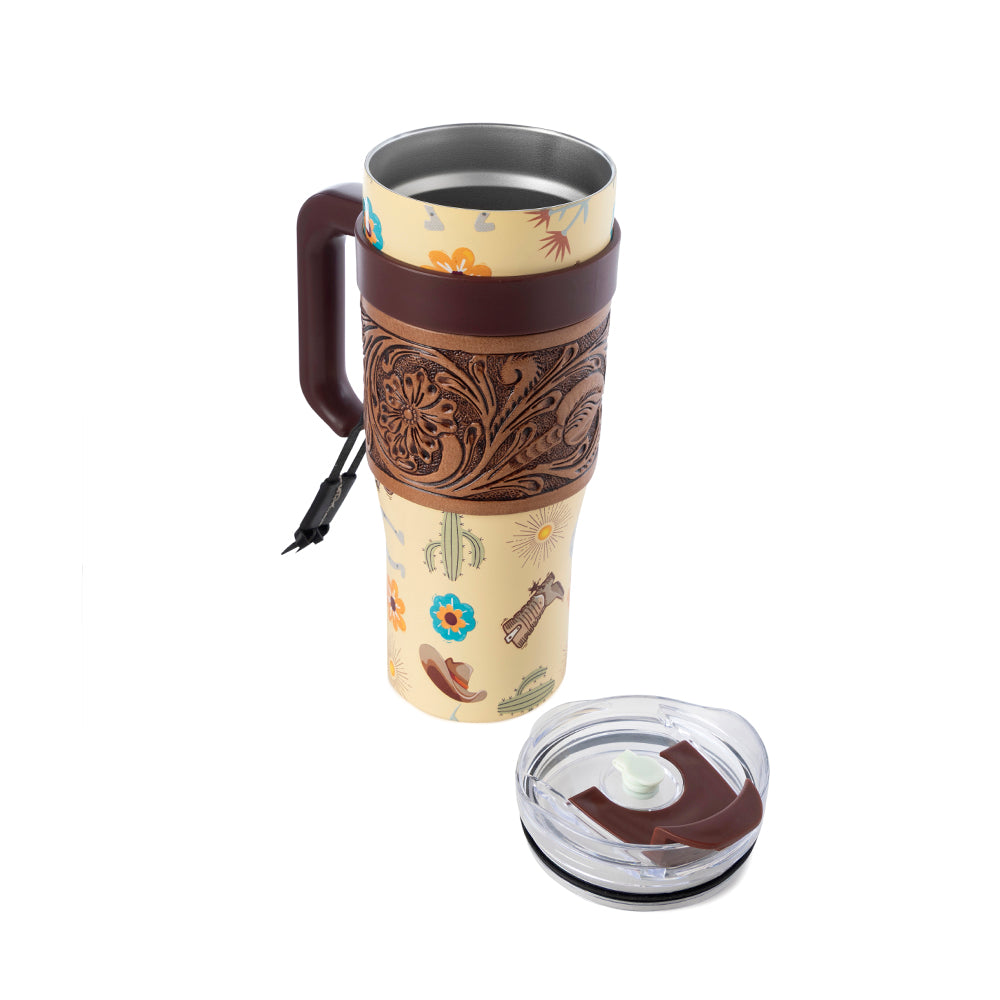 Myra Trailkissed Western Tumbler in Yellow Stainless Steel with Leather Wrap and Handle for Everyday Use