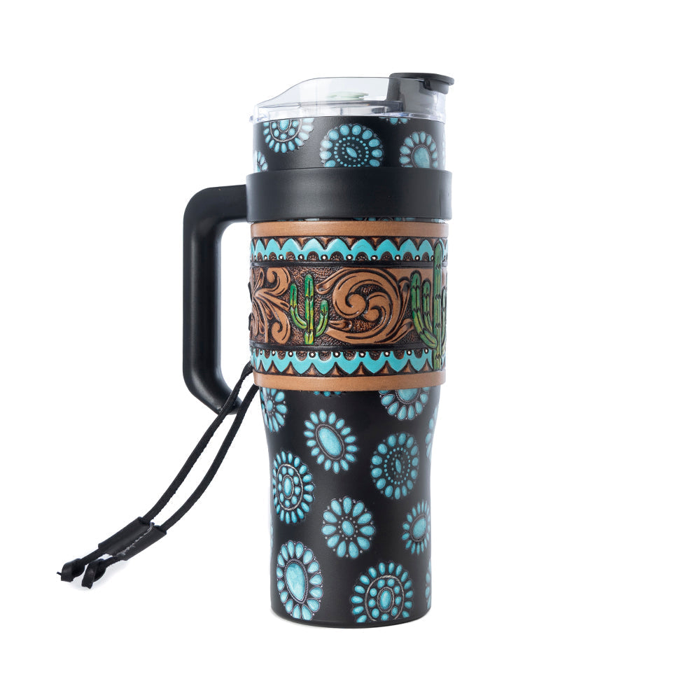 Myra Concho Crest Western Tooled Tumbler in Black Stainless Steel with Leather Wrap and Handle