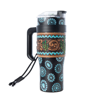 Myra Concho Crest Western Tooled Tumbler in Black Stainless Steel with Leather Wrap and Handle
