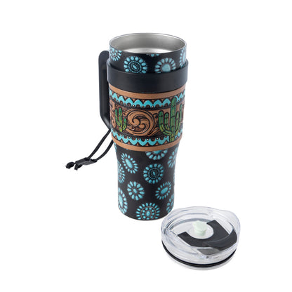 Myra Concho Crest Western Tooled Tumbler in Black Stainless Steel with Leather Wrap and Handle