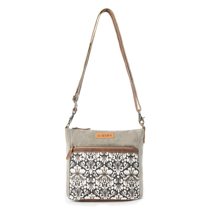 Myra Damask Trail Vintage Crossbody Bag for Women in sage with print detail
