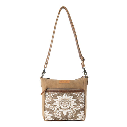 Myra Crestbloom Vintage Crossbody Bag for Women in olive with print detail