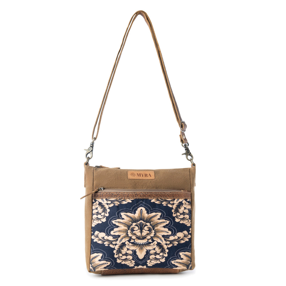 Myra Crestbloom Vintage Crossbody Bag for Women in navy with print detail