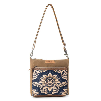 Myra Crestbloom Vintage Crossbody Bag for Women in navy with print detail