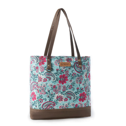 Myra Pinkpaisley upcycled canvas Tote Bag for Women in pink with leather detail