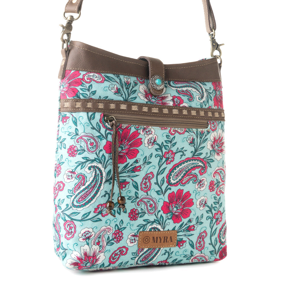 Myra Aspendale upcycled canvas Bag for Women Blue with leather details