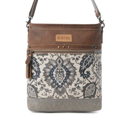 Myra Sagebrook Jacquard upcycled canvas Bag for Women in sage with leather detail