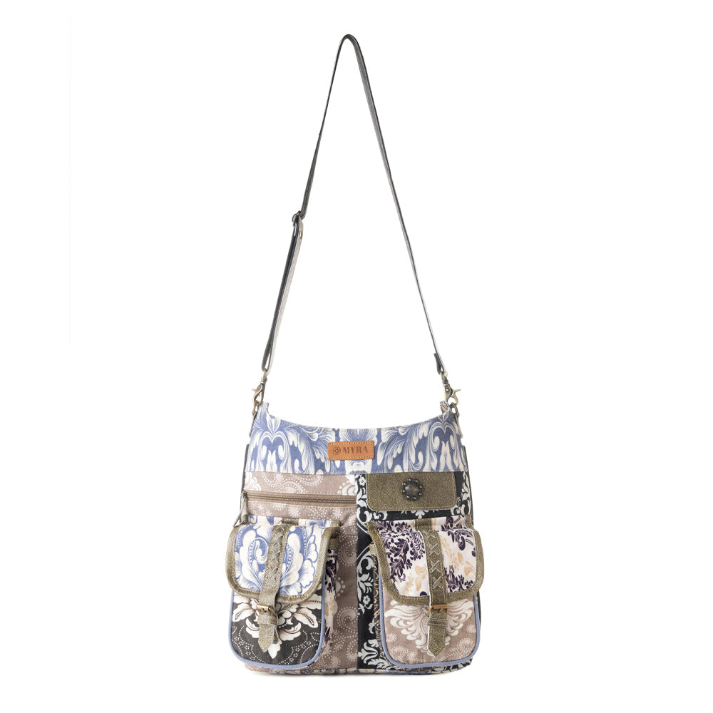 Myra Le Fleur Bel Cowgirl Shoulder Bag for Women in blue floral with leather and Concho details