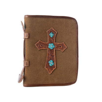 Myra Holycross Western Bible Cover in brown with flap closure and handtooled detail
