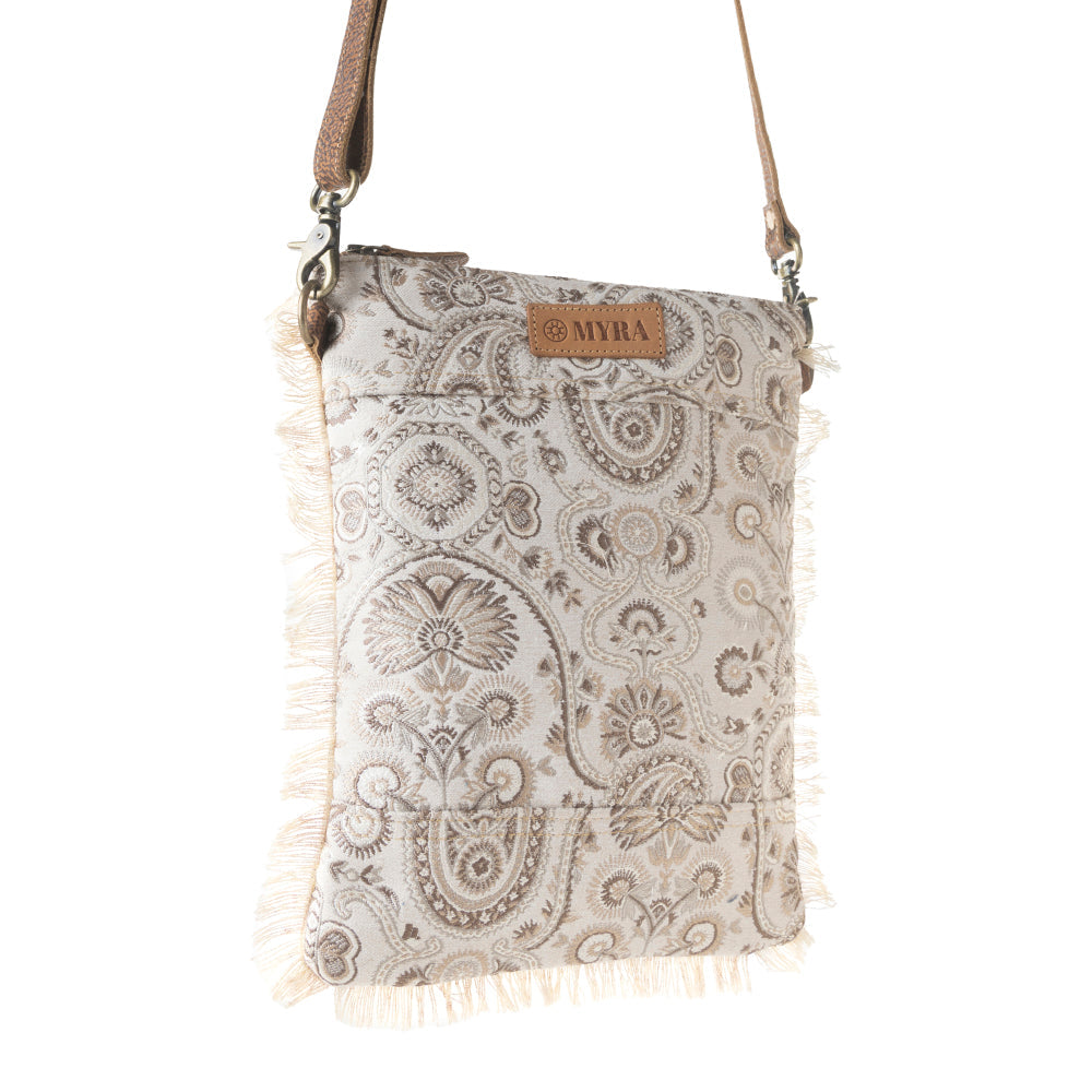 Loom Tapestry upcycled canvas crossbody Bag for Women in sage with fringe detail
