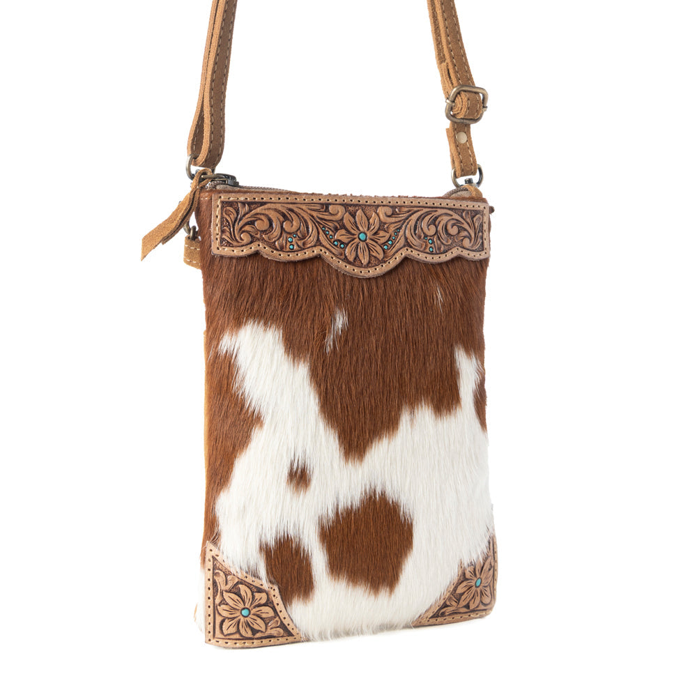 Myra Calico Hairon Crossbody Bag for Women in brown with hairon and handtooled detail