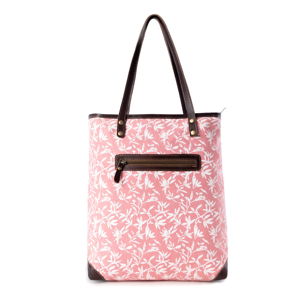 Myra Rose Vine Vintage Tote Bag for Women in pink with leather detail