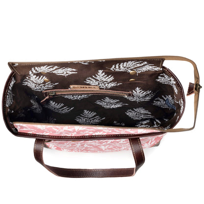 Myra Rose Vine Vintage Tote Bag for Women in pink with leather detail