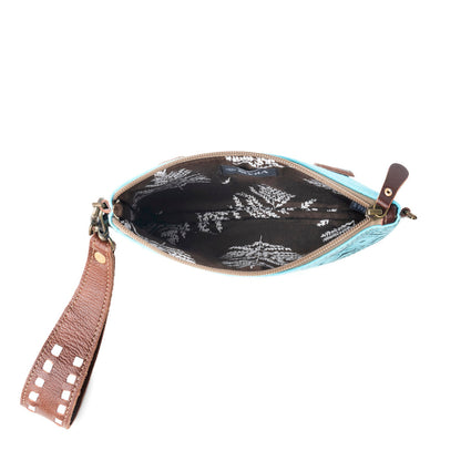 Myra Aztec Sky Cotton Belt Bag for Women in turquoise with leather detail