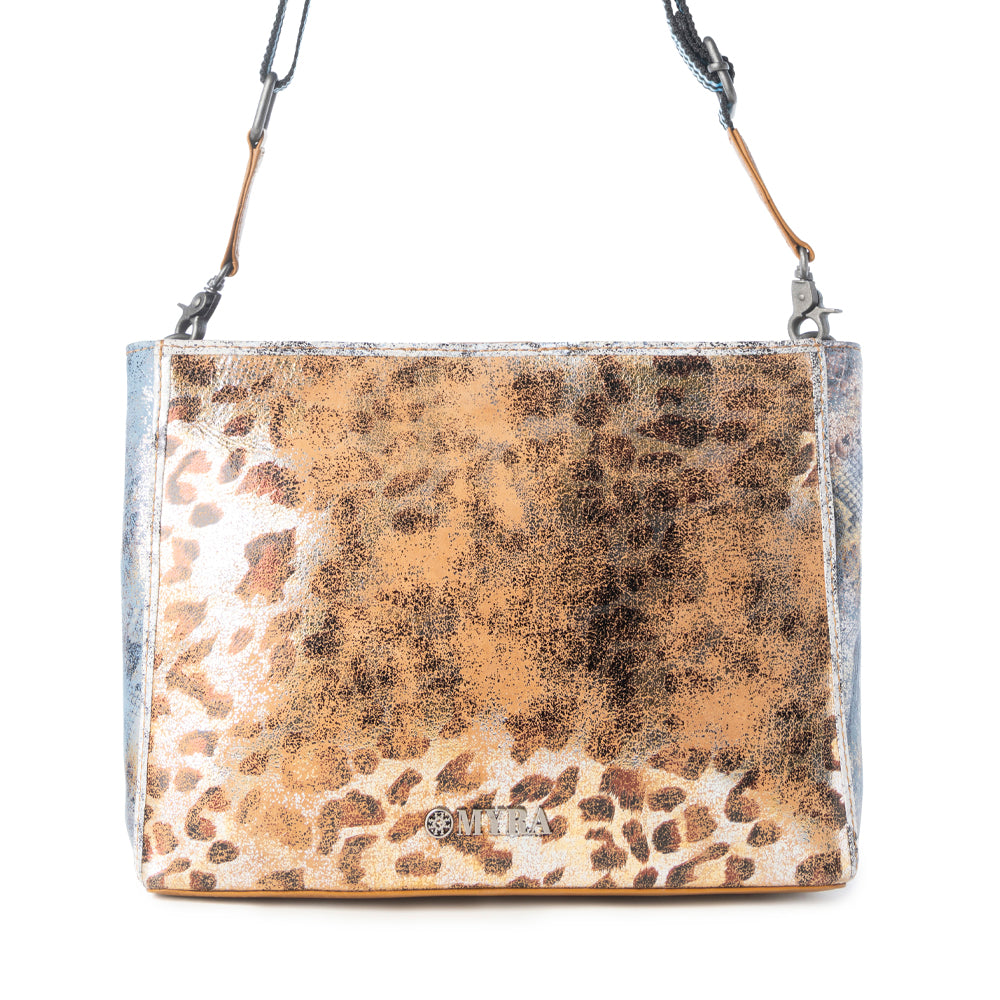 Myra Safari Glow Leather Bag for Women in Brown with metallic detail and shoulder strap