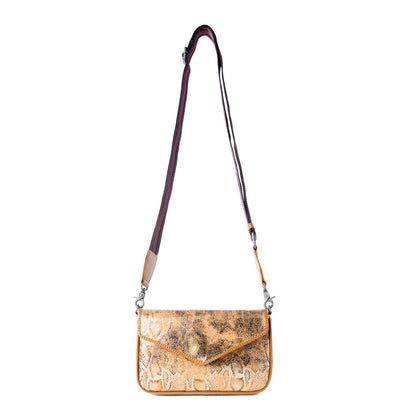 Myra Wild Print Leather Bag for Women in Golden with snake print detail and shoulder strap