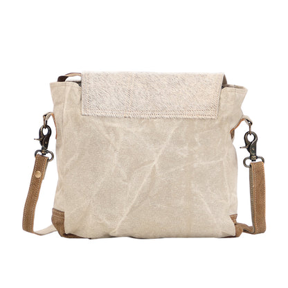 Myra Factual Hairon Leather Messenger Bag â€“ Swirl Canvas, White Hairon Flap, Rustic Straps for Everyday Western Style
