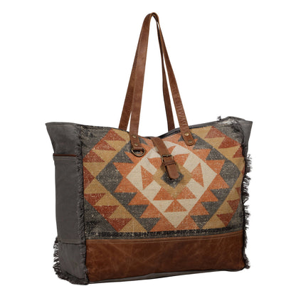 Myra Cosmopolitan Weekender Tote Bag â€“ Fringed Edges, Aztec Print Design with Buckle Flap Closure for Travel