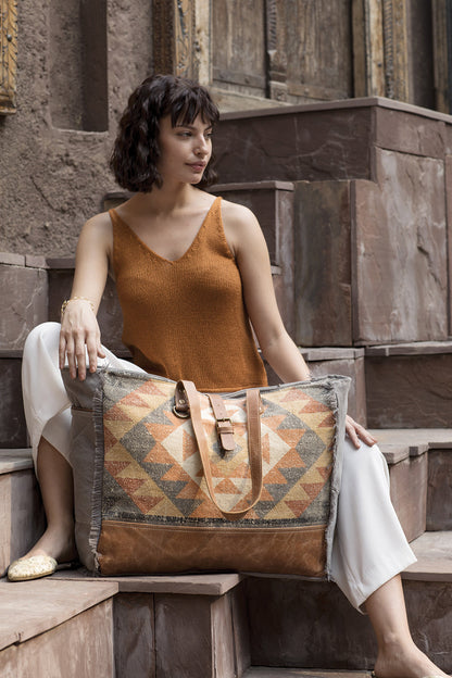 Myra Cosmopolitan Weekender Tote Bag â€“ Fringed Edges, Aztec Print Design with Buckle Flap Closure for Travel