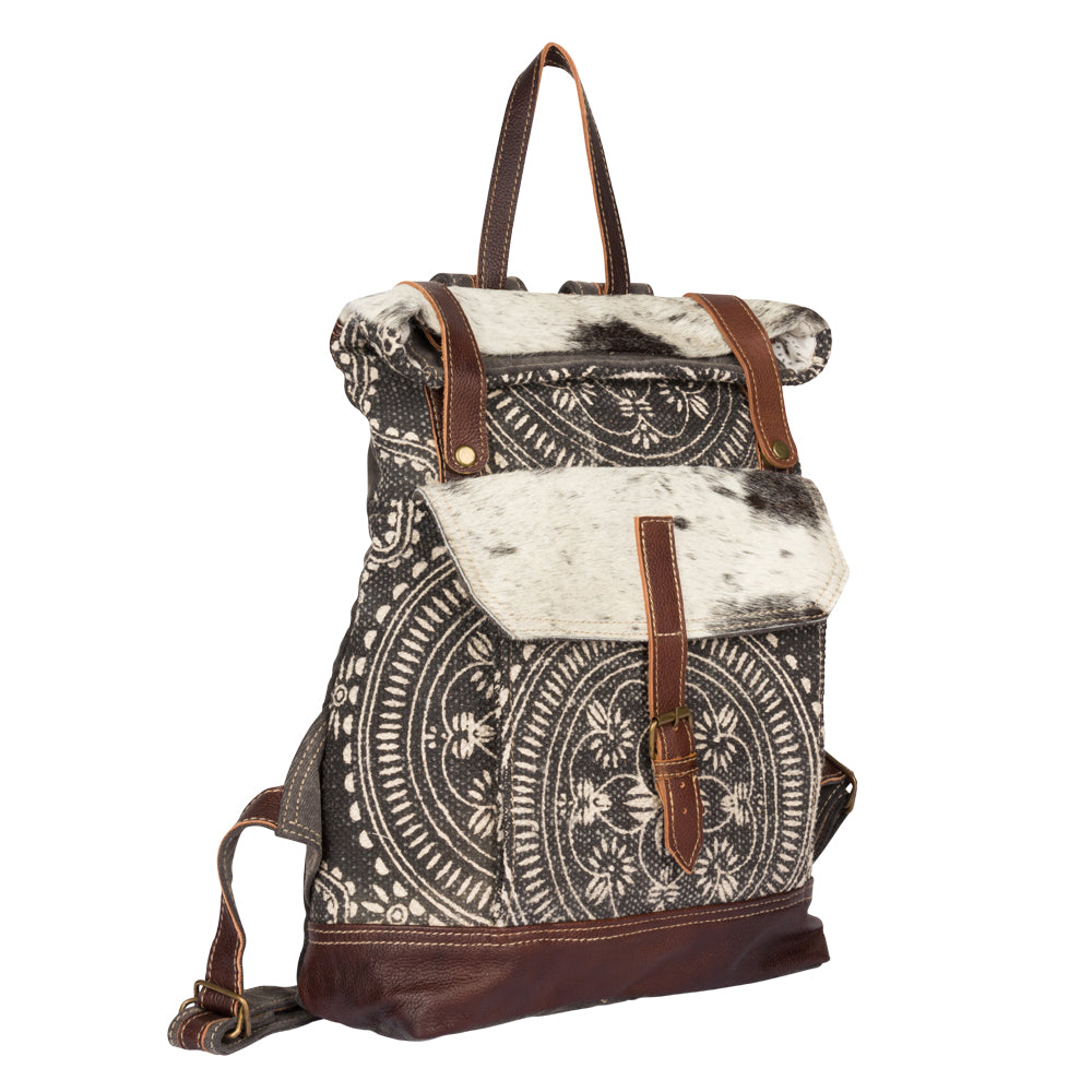 Myra Vibe with Me Hairon Canvas Backpack for Women â€“ Mandala Print, Leather Straps for Boho Travel & Western Day Trips