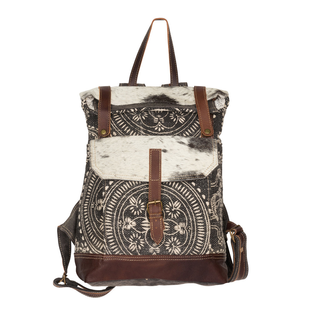 Myra Vibe with Me Hairon Canvas Backpack for Women â€“ Mandala Print, Leather Straps for Boho Travel & Western Day Trips