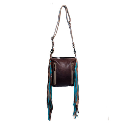 Myra Cobal Blue Concealed Carry Bag â€“ Hair-On Leather Crossbody with Embossed Turquoise Panel and Fringe Detailing
